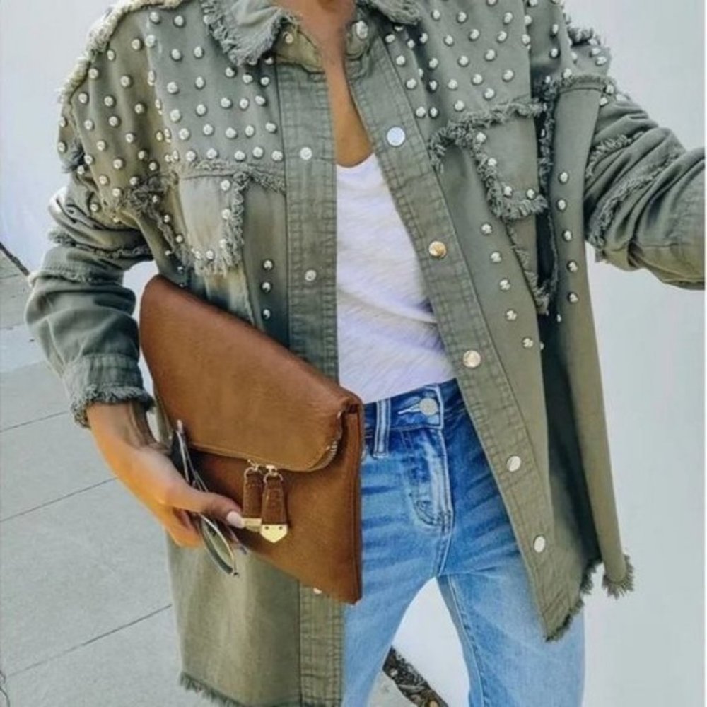 𝅺elan Studded Olive Khaki Lightweight Boxy Jacket, Size Medium, New with Tags